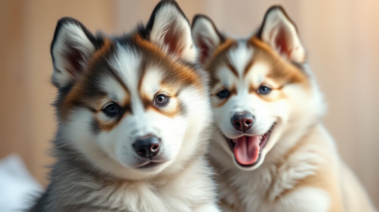 Two playful puppies relaxing together with joyful expressions in a cozy indoor setting during daylight hours